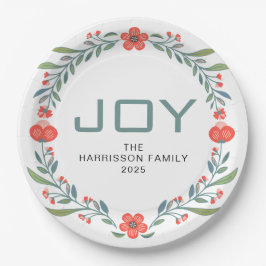 Plato De Papel Joy Floral Christmas Wreath Family Custom Name