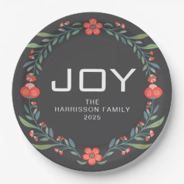 Plato De Papel Joy Floral Christmas Wreath Family Custom Name