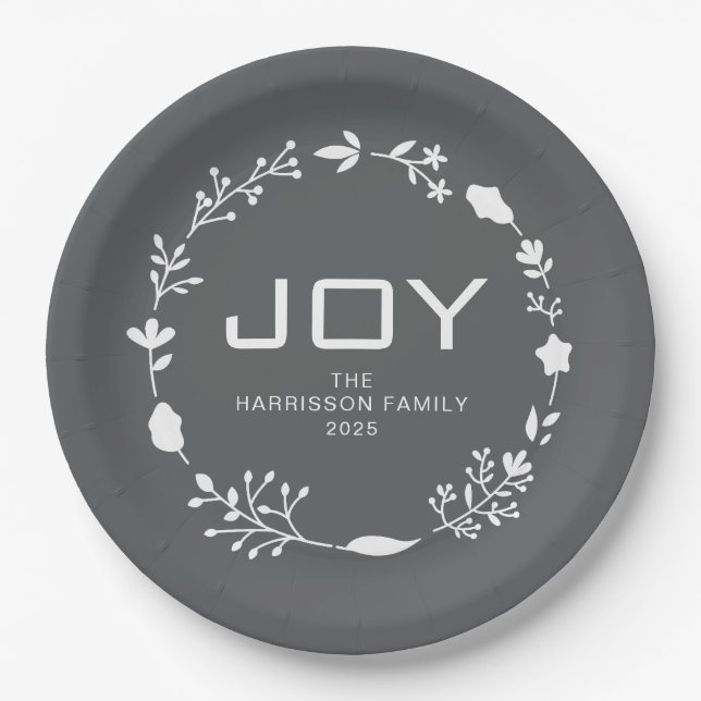 Plato De Papel Joy Floral Christmas Wreath Family Custom Name (Anverso)