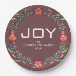 Plato De Papel Joy Floral Christmas Wreath Family Custom Name