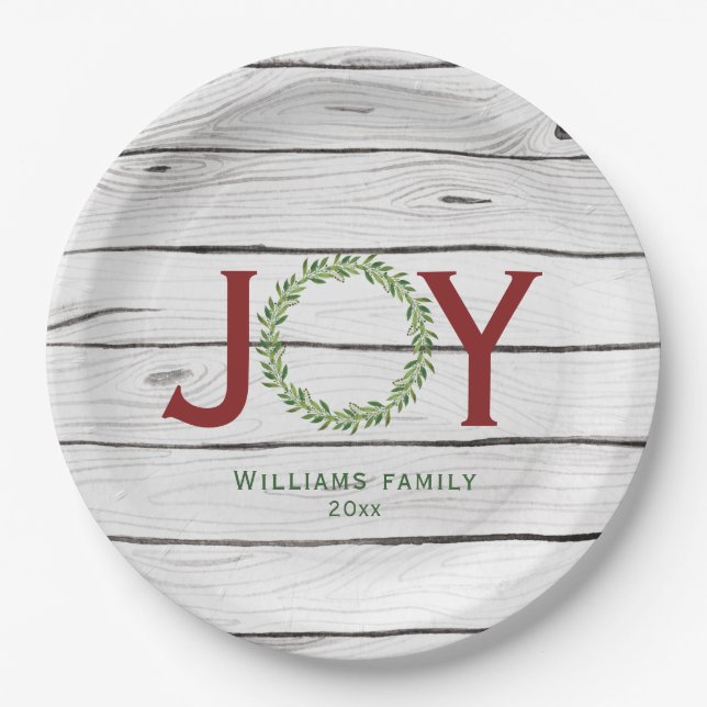 Plato De Papel Joy Greenery Wreath Family Navidades (Anverso)