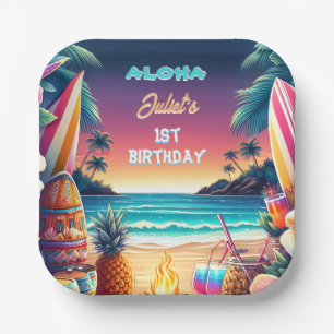 Plato De Papel Joy hula Luau Surf aloha hawaiano 1er cumpleaños