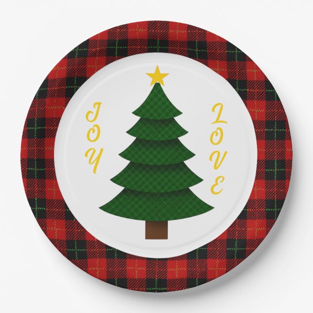 Plato De Papel Joy-Love-Custom Plaid Christmas Tree (Anverso)