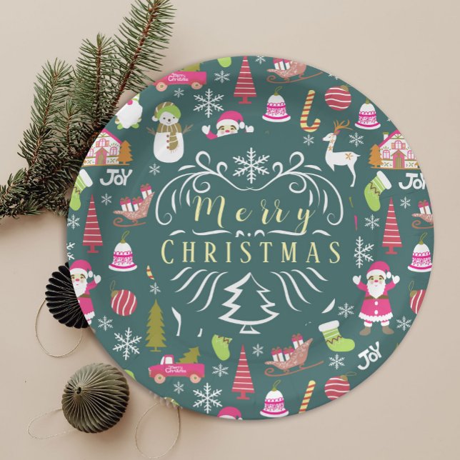 Plato De Papel Joy Navidades Green (Cute Christmas joy party plate. )