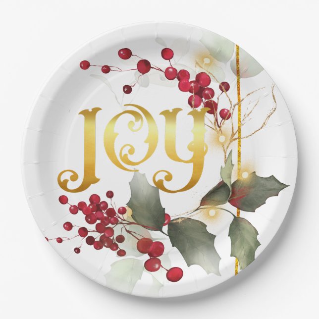 Plato De Papel JOY Pointesettias Holly Berries Placas de papel (Anverso)
