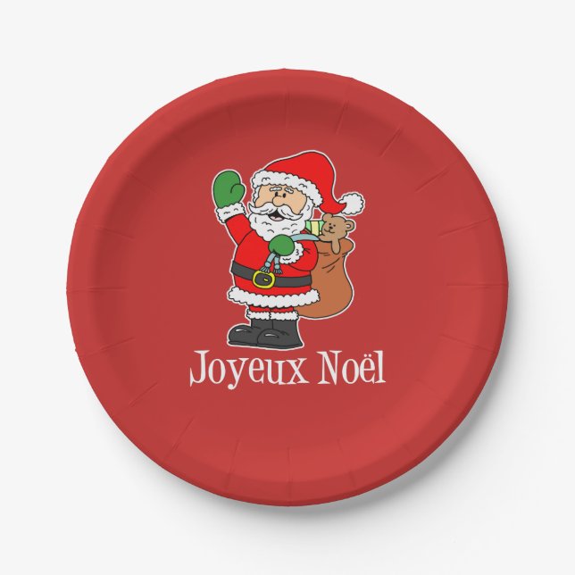 Plato De Papel Joyeux Noel Navidades franceses Santa (ON RED) (Anverso)