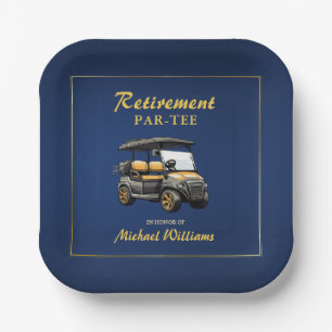 Plato De Papel Jubilación Elegante Tema Golf Carro Oro Azul