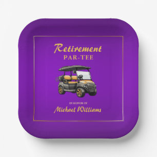 Plato De Papel Jubilación Elegante Tema Golf Cart Purple Gold