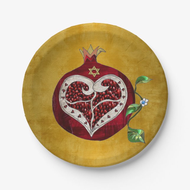 Plato De Papel Judaica Pomegranate Heart Hanukkah Rosh Hashanah (Anverso)