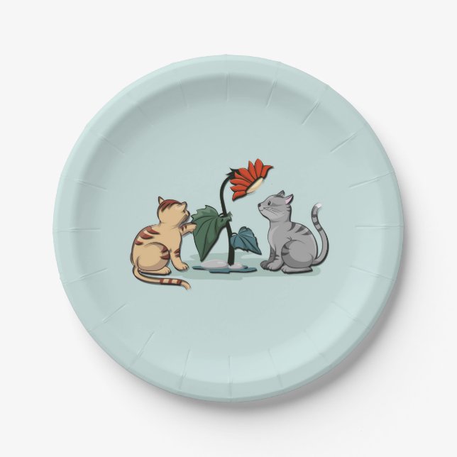 Plato De Papel Juego de flores del deleite de verano de gatitos (Anverso)