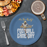 Plato De Papel Juego en jugador de fútbol en azul<br><div class="desc">Los jugadores de fiesta personalizados del día de fútbol planchas de papel a los super fans les encantará presentar a un jugador de fútbol con un fondo azul. Perfecto para el gran juego,  ya sea la escuela secundaria,  la universidad o los profesionales. COINCIDIENDO elementos de nuestra colección.</div>