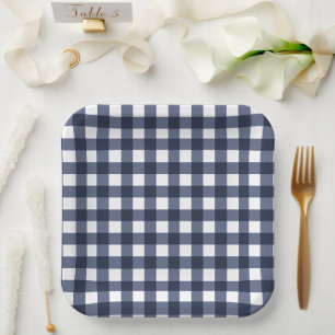 Plato De Papel Jugada de verificación de Gingham azul marino