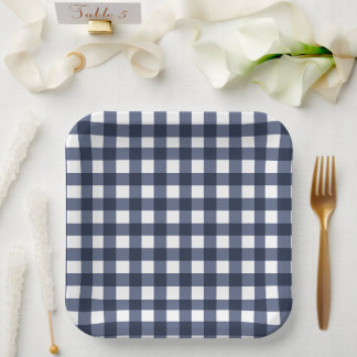 Plato De Papel Jugada de verificación de Gingham azul marino