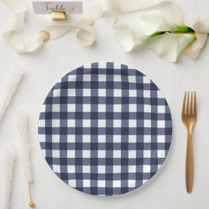 Plato De Papel Jugada de verificación de Gingham azul marino