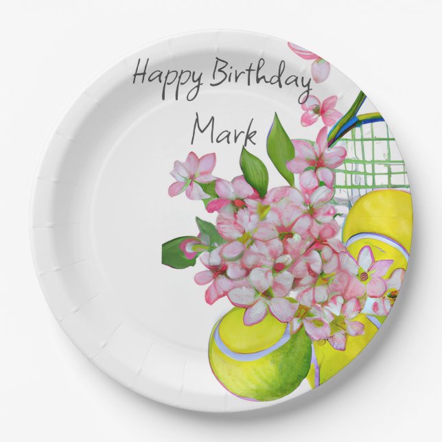 Plato De Papel Jugador de cumpleaños de tenis Fiesta acuarela (Anverso)