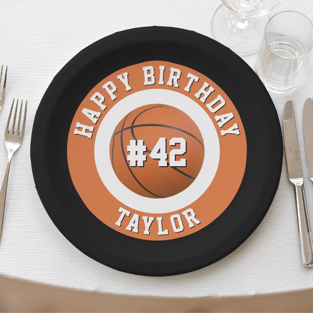 Plato De Papel Jugador de equipo deportivo de baloncesto nombre f (orange black & white sports basketball happy birthday paper plates)