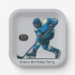 Plato De Papel Jugador de hockey azul y gris fiesta de cumpleaños