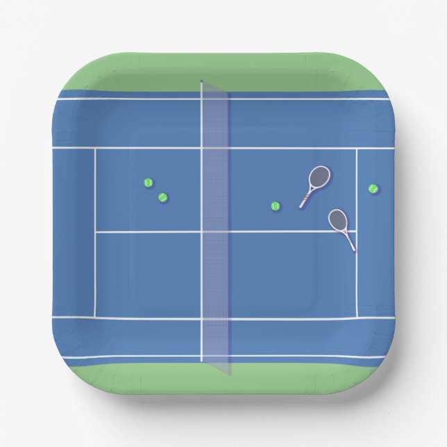 Plato De Papel Jugador de tenis moderno en la pista de tenis azul (Anverso)