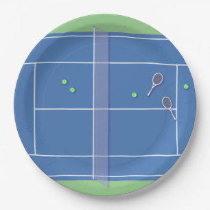 Plato De Papel Jugador de tenis moderno en la pista de tenis azul