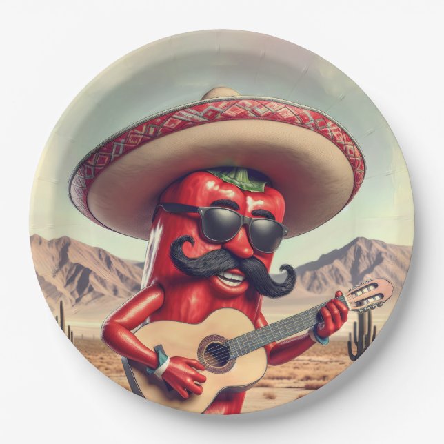 Plato De Papel Jugador mexicano de guitarra de pimentón rojo (Anverso)
