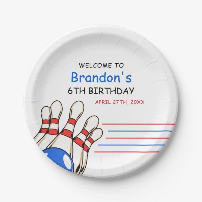 Plato De Papel Jugador Red & Blue Bowling Tema 6 cumpleaños (Anverso)