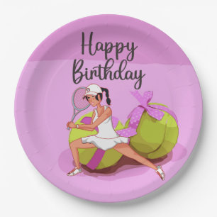Plato De Papel Jugadora de tenis con jugador rosa de cumpleaños f