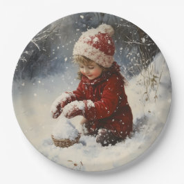 Plato De Papel Jugando en Nieve