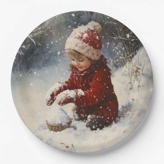 Plato De Papel Jugando en Nieve (Anverso)