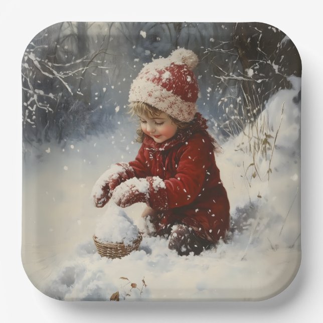 Plato De Papel Jugando en Nieve (Anverso)