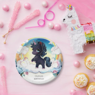 Plato De Papel Juguete cumpleaños negro de Unicornio