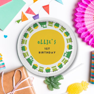 Plato De Papel Juguetes Para Niños Transporte Tren Verde Cumpleañ