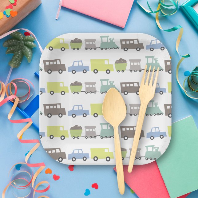 Plato De Papel Juguetes Pastel Blue Kid Transport Fiesta de cumpl (Boys Toys Pastel Blue Transport Kid's Birthday Party Paper Plates @ fatfatin_mini_me)