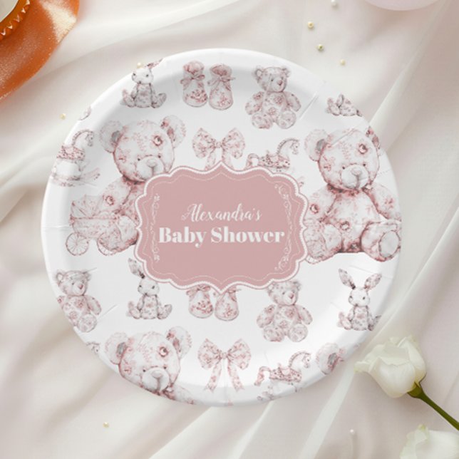 Plato De Papel Juguetes rosados Toile De Jouy Baby Shower (Subido por el creador)