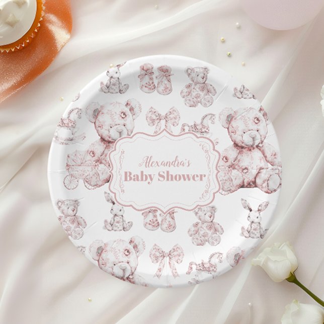 Plato De Papel Juguetes rosados Toile De Jouy Baby Shower (Subido por el creador)
