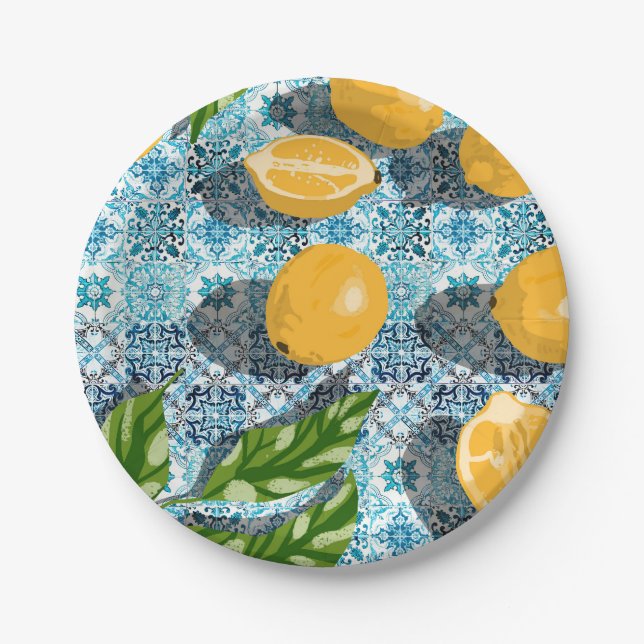 Plato De Papel Juicy Lemons sobre el marroquí azul (Anverso)