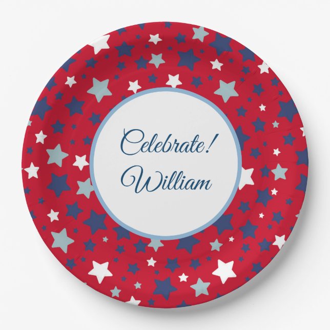 Plato De Papel Julio Personalizar nombre rojo azul (Anverso)