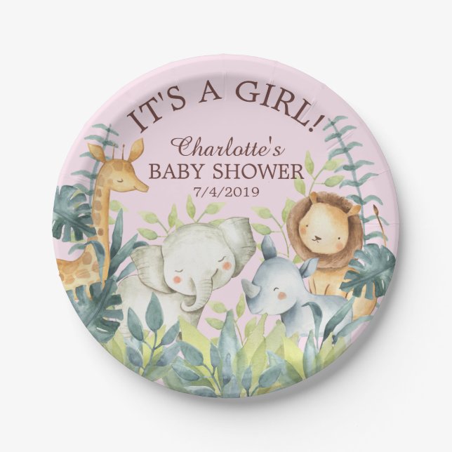 Plato De Papel Jungle Animales Chicas Baby Shower 7" Plate (Anverso)