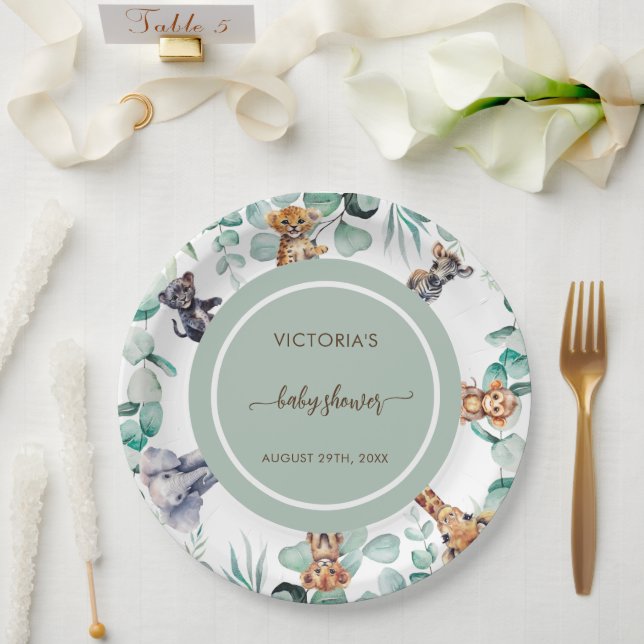 Plato De Papel Jungle Animals Greenery Neutral Baby Shower (Boda)