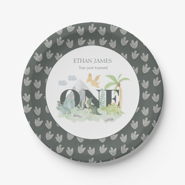 Plato De Papel Jungle Dinosaur Boy 1er cumpleaños Cute acuarela (Anverso)