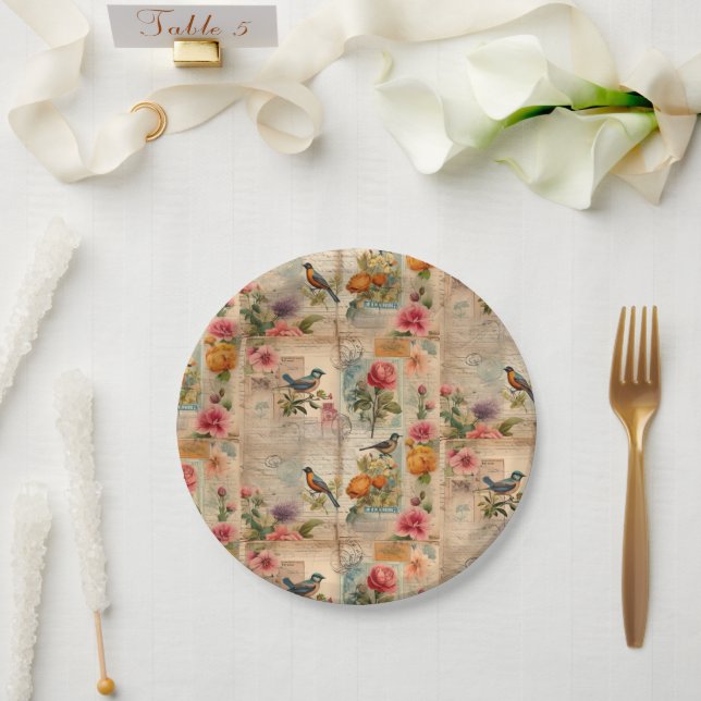 Plato De Papel Junk Journal Seite mit Blumen + Vögel -  (Boda)