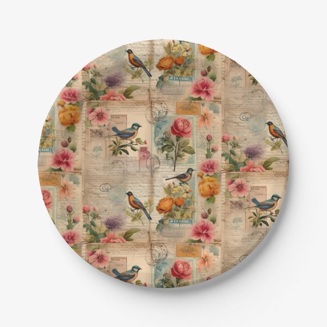 Plato De Papel Junk Journal Seite mit Blumen + Vögel -  (Anverso)