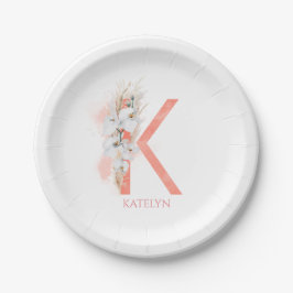 Plato De Papel K Monograma Nombre Pampas Grass Orquídeas Blancas