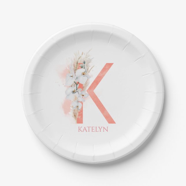 Plato De Papel K Monograma Nombre Pampas Grass White Orchids (Anverso)
