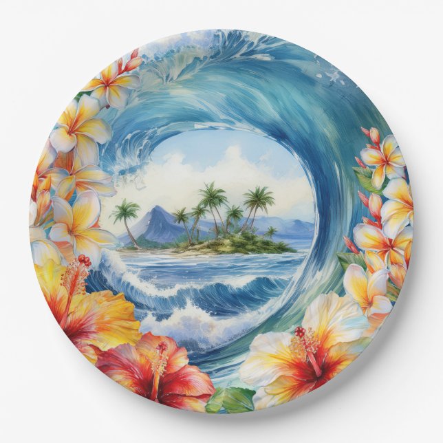 Plato De Papel Kai Aloha Hibiscus Acuarela Ola  (Anverso)
