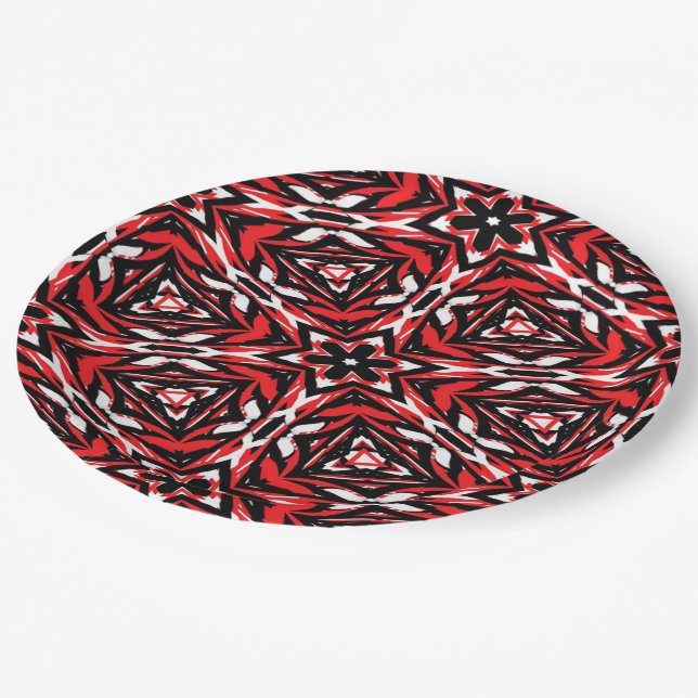 Plato De Papel Kaleidoscopio negro, blanco y rojo (Angular)