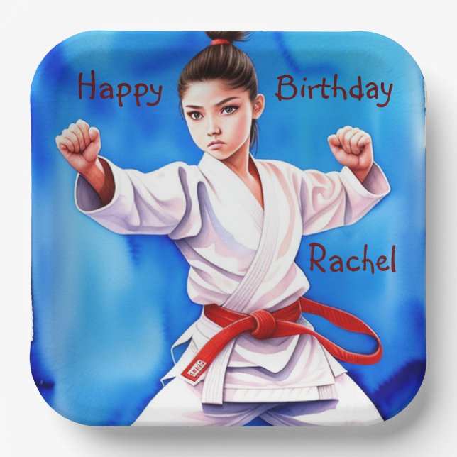 Plato De Papel Karate Chica Cumpleaños (Anverso)