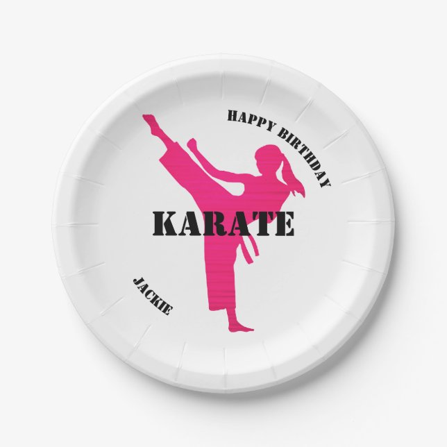 Plato De Papel Karate Chica Feliz cumpleaños con placas de papel  (Anverso)