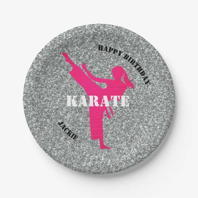 Plato De Papel Karate Chica Purpurina Happy Birday Paper Placas (Anverso)