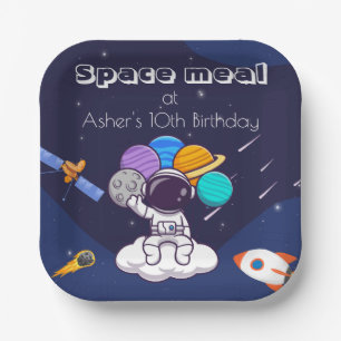 Plato De Papel Kawaii Azul Marino Astronauta Tema Espacial Cuadra