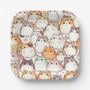 Plato De Papel Kawaii Chubby Personalizados Gatos Con Corazón